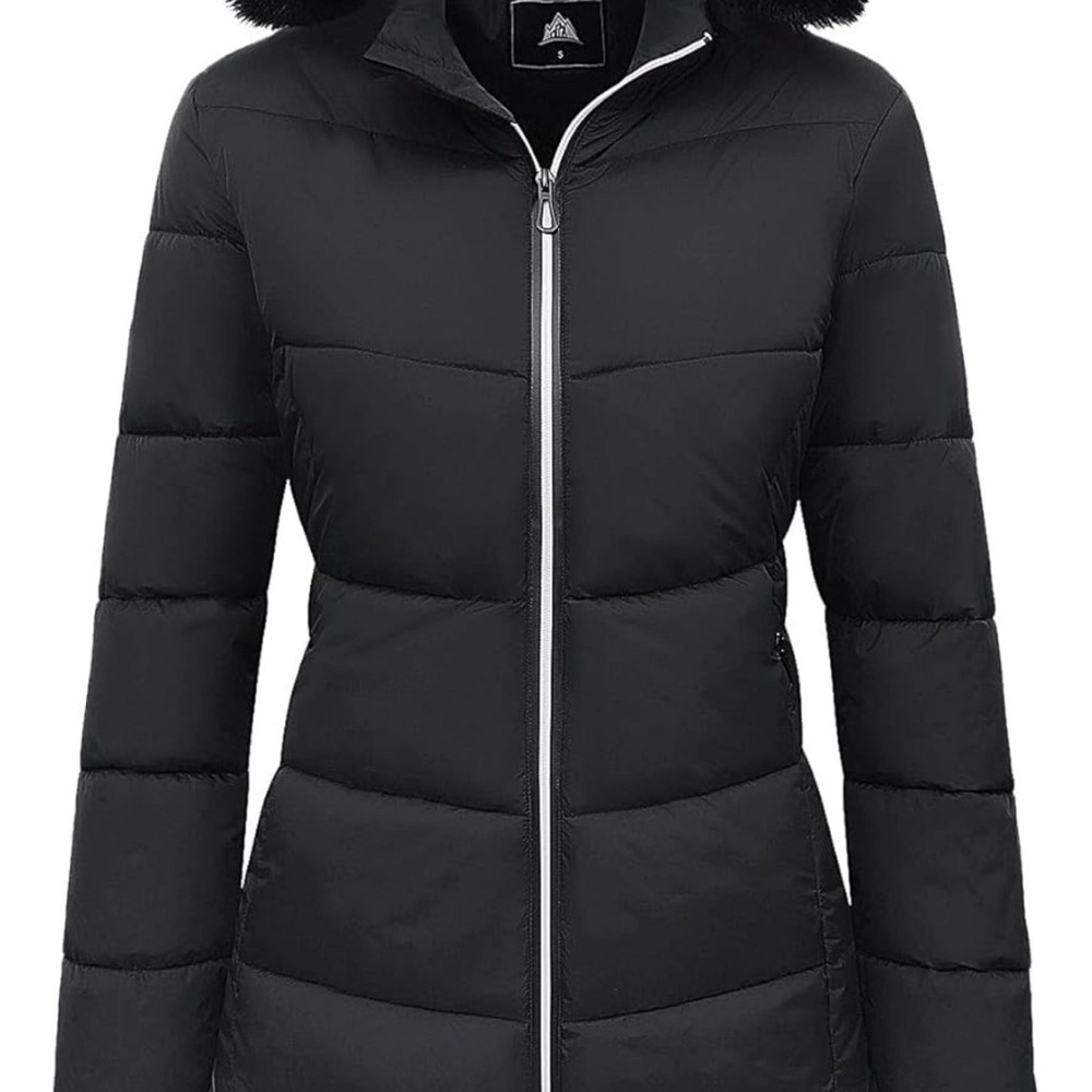 Elegant Black Puffer Jacket with Faux Fur Trim